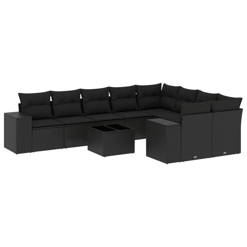 10-delige Loungeset met kussens poly rattan zwart