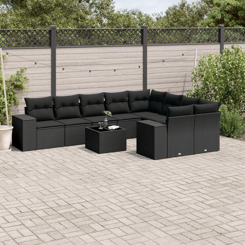 10-delige Loungeset met kussens poly rattan zwart