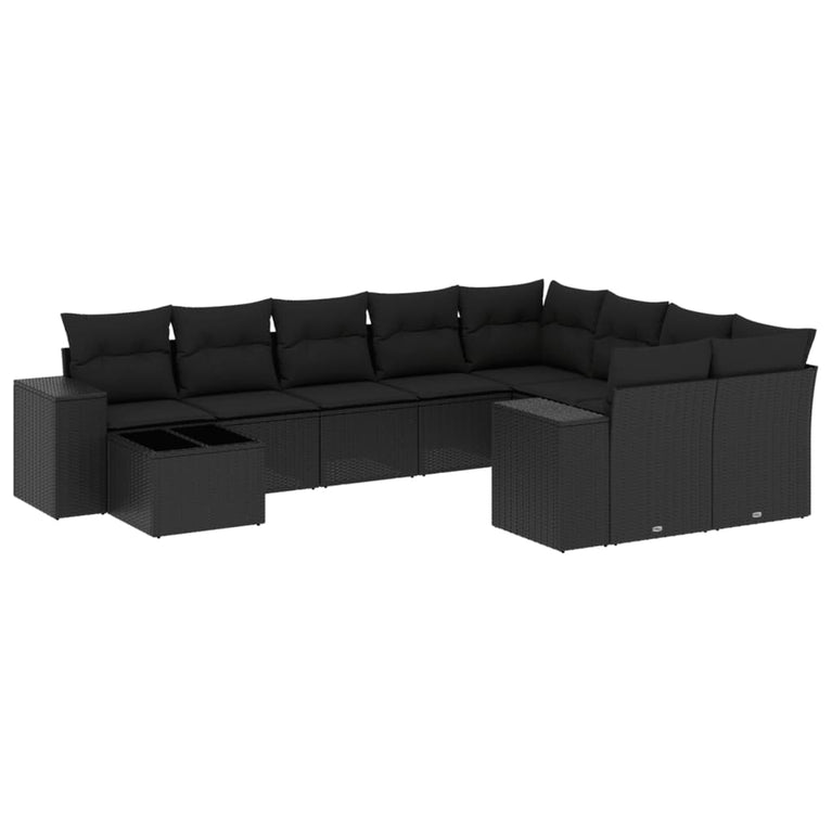 10-delige Loungeset met kussens poly rattan zwart
