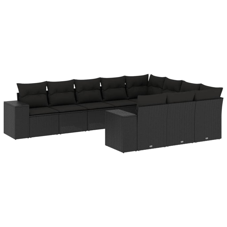 10-delige Loungeset met kussens poly rattan zwart