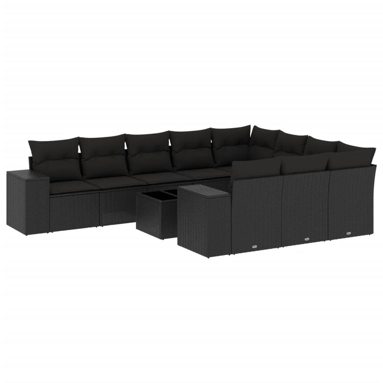 11-delige Loungeset met kussens poly rattan zwart