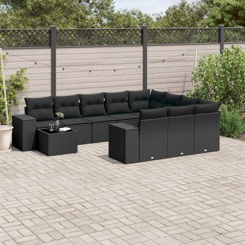 11-delige Loungeset met kussens poly rattan zwart
