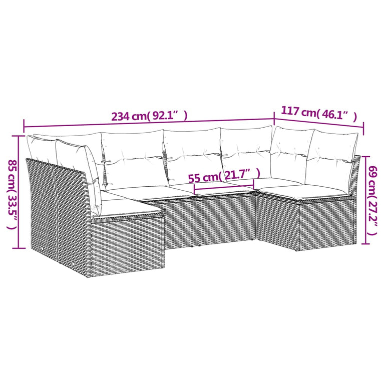 6-delige Loungeset met kussens poly rattan bruin