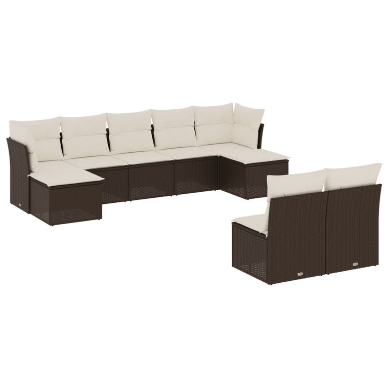 9-delige Loungeset met kussens poly rattan bruin
