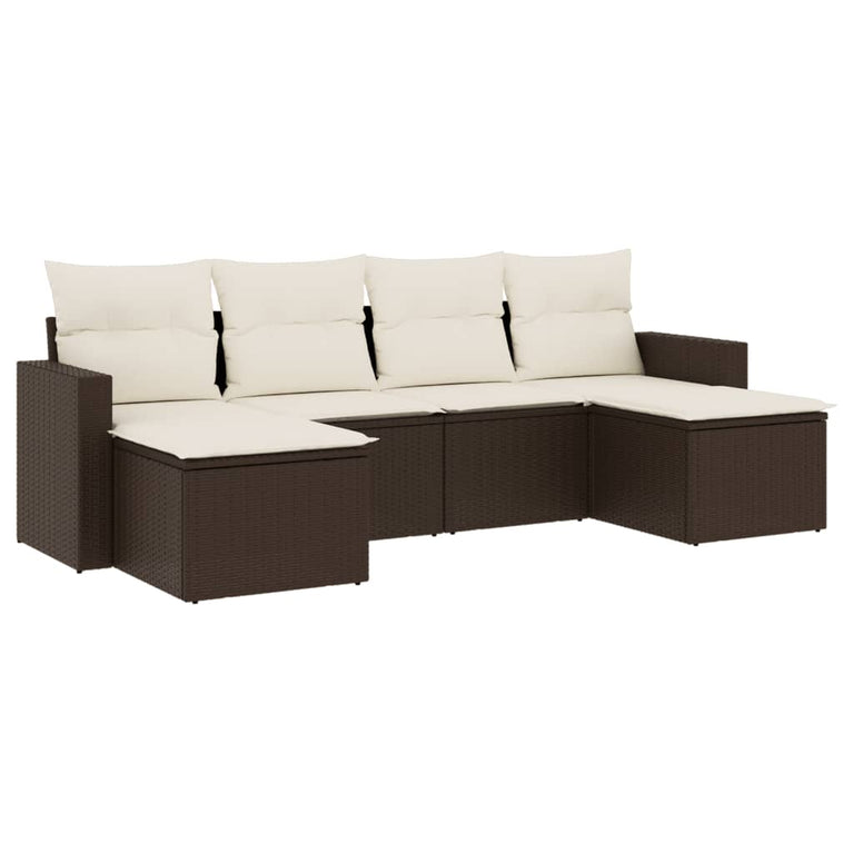 6-delige Loungeset met kussens poly rattan bruin