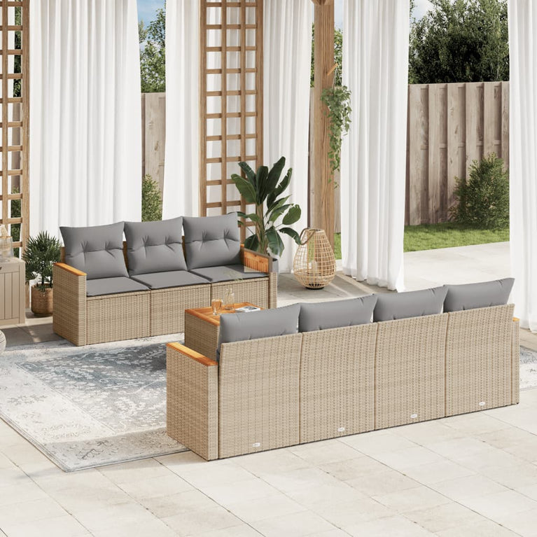 8-delige Loungeset met kussens poly rattan gemengd beige