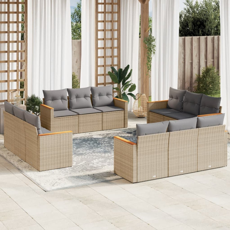12-delige Loungeset met kussens poly rattan gemengd beige