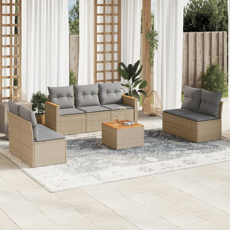 8-delige Loungeset met kussens poly rattan gemengd beige