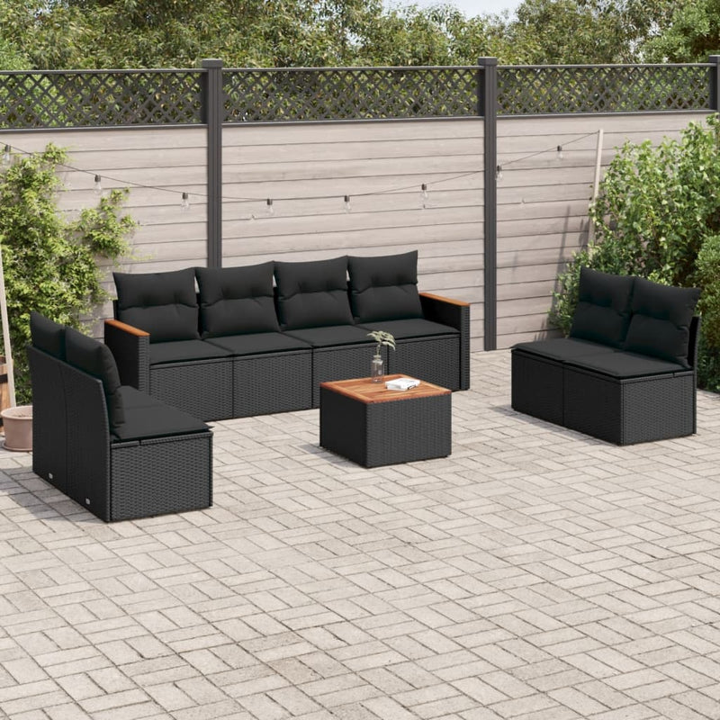 9-delige Loungeset met kussens poly rattan zwart