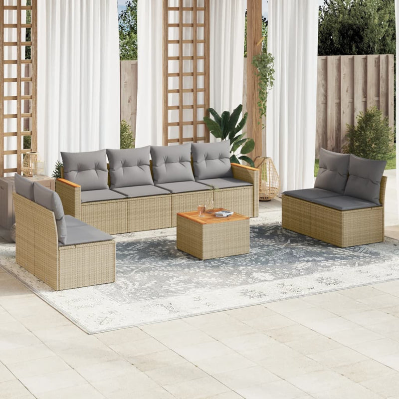 9-delige Loungeset met kussens poly rattan gemengd beige