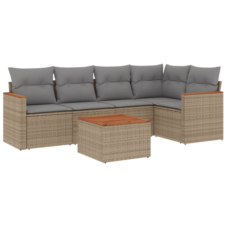 6-delige Loungeset met kussens poly rattan gemengd beige