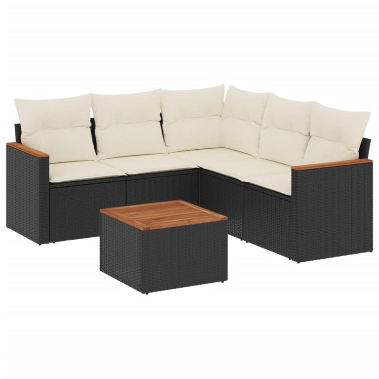 6-delige Loungeset met kussens poly rattan zwart