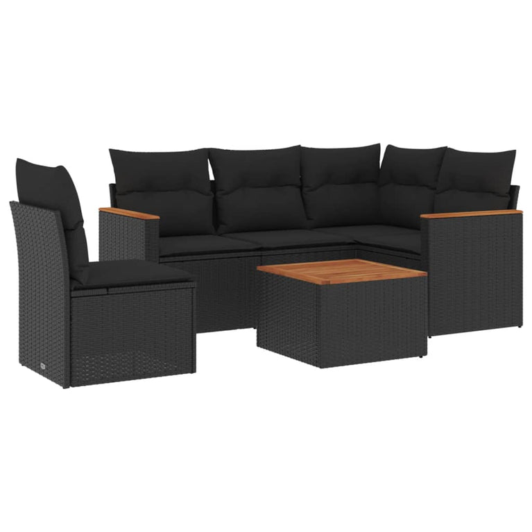 6-delige Loungeset met kussens poly rattan zwart