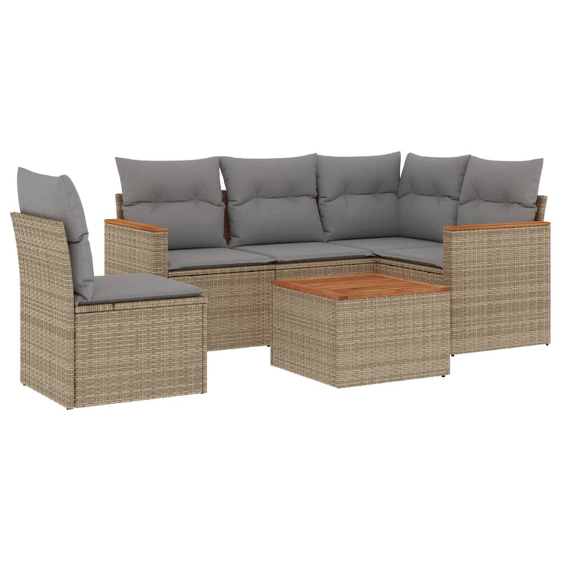 6-delige Loungeset met kussens poly rattan gemengd beige