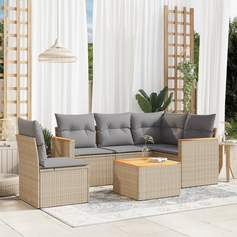 6-delige Loungeset met kussens poly rattan gemengd beige