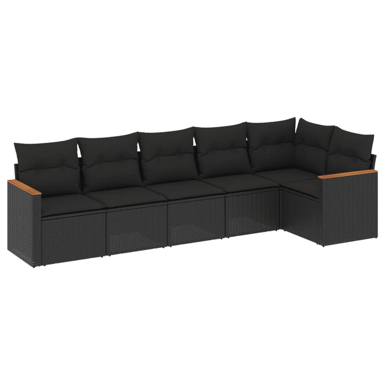 6-delige Loungeset met kussens poly rattan zwart