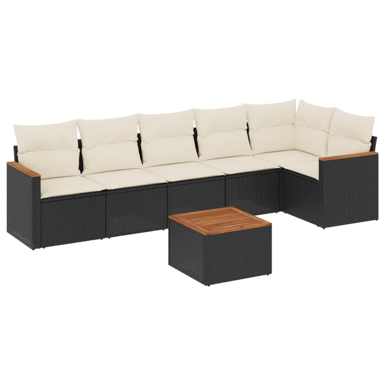 7-delige Loungeset met kussens poly rattan zwart
