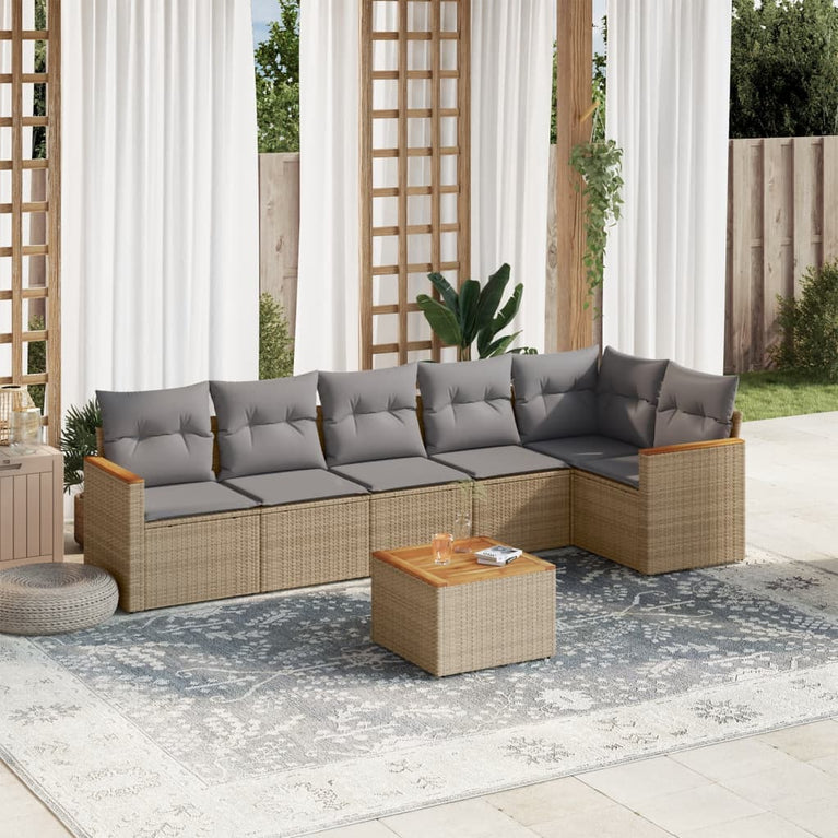 7-delige Loungeset met kussens poly rattan gemengd beige