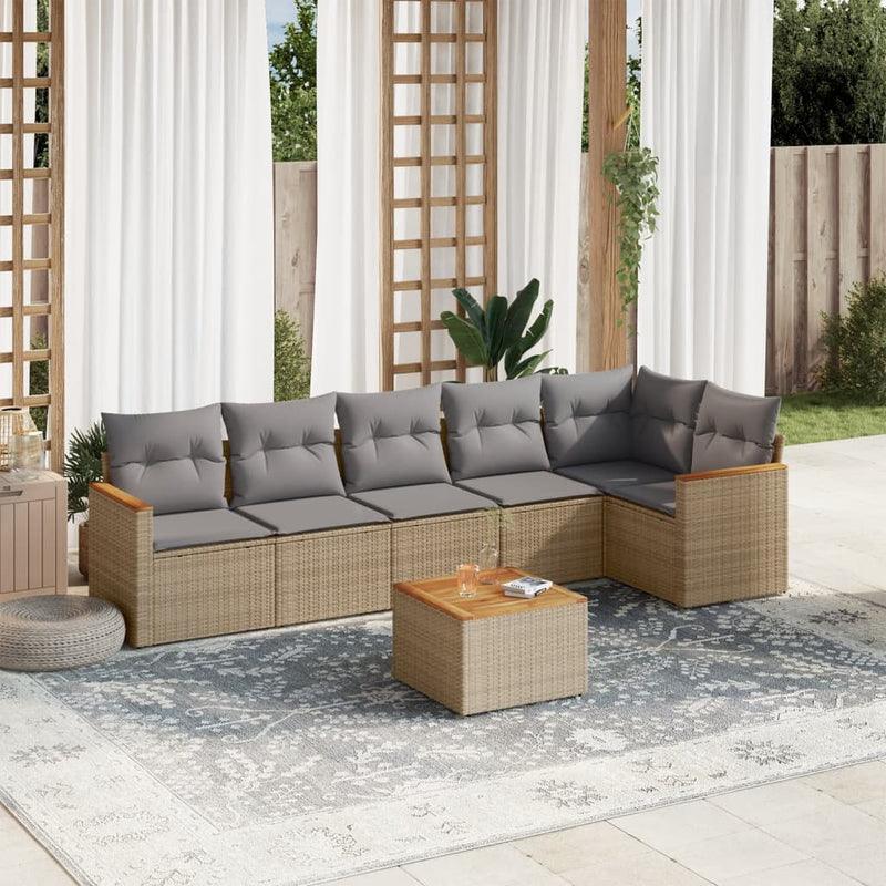 7-delige Loungeset met kussens poly rattan gemengd beige