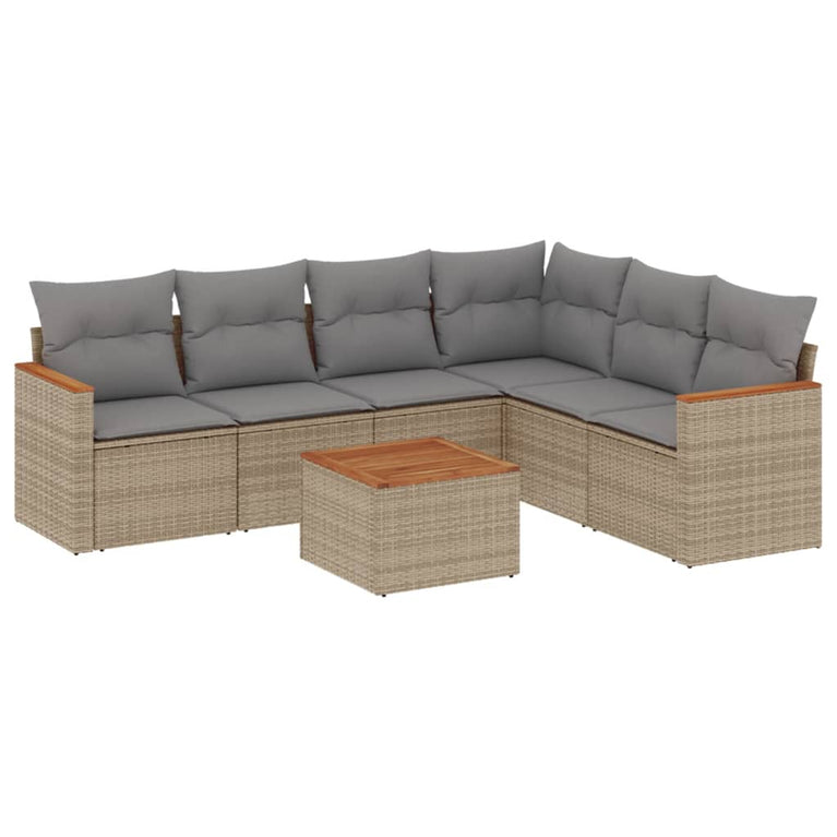 7-delige Loungeset met kussens poly rattan gemengd beige