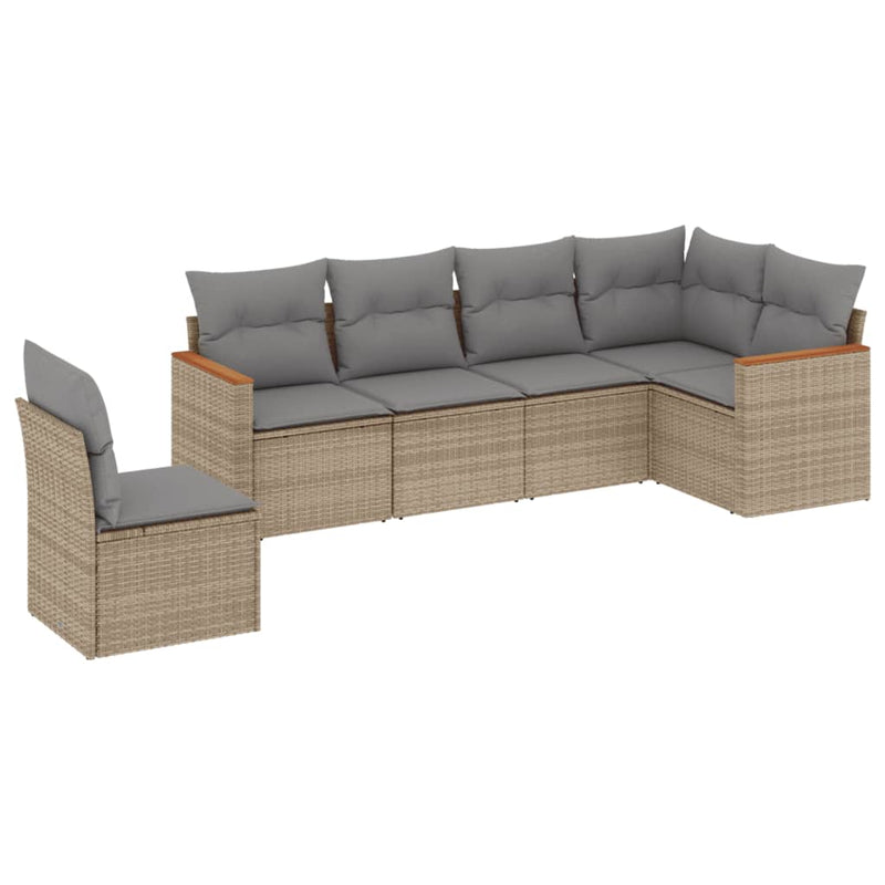 6-delige Loungeset met kussens poly rattan gemengd beige