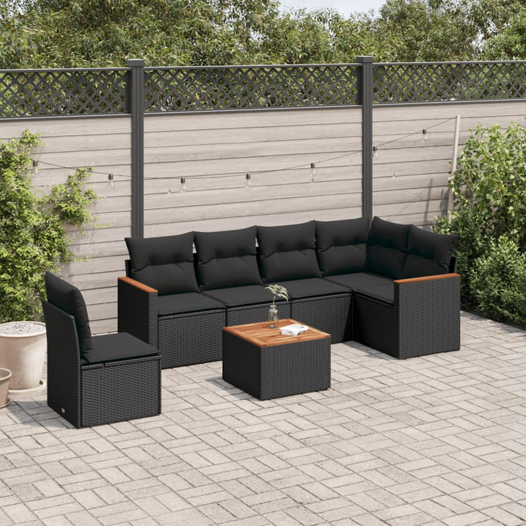 7-delige Loungeset met kussens poly rattan zwart