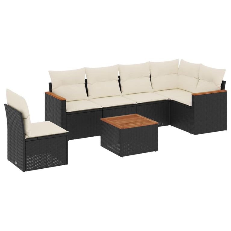7-delige Loungeset met kussens poly rattan zwart