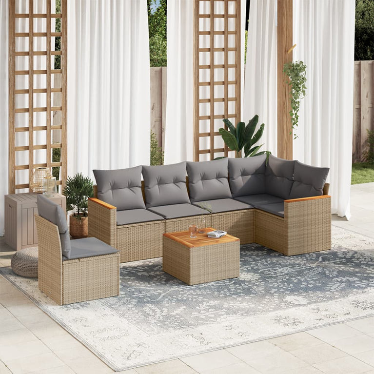 7-delige Loungeset met kussens poly rattan gemengd beige