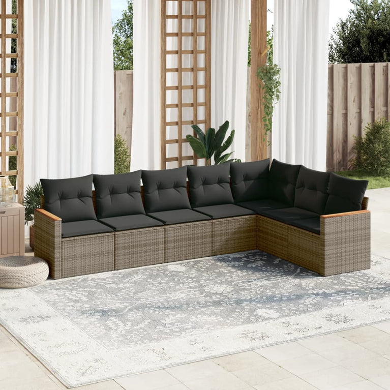 7-delige Loungeset met kussens poly rattan grijs