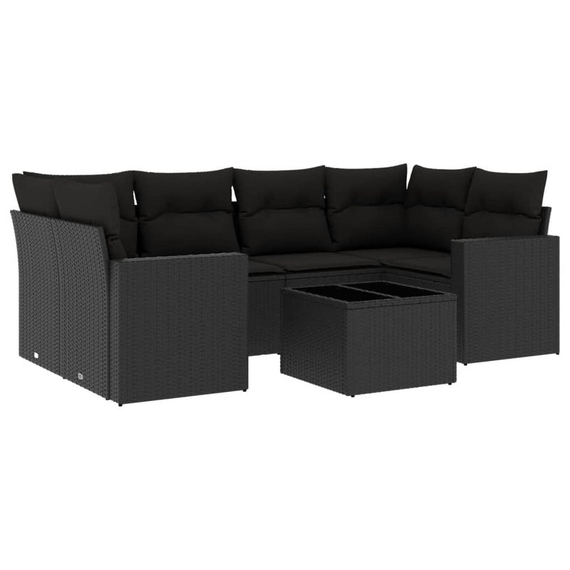 7-delige Loungeset met kussens poly rattan zwart