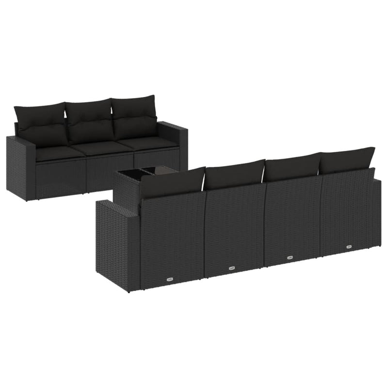 8-delige Loungeset met kussens poly rattan zwart