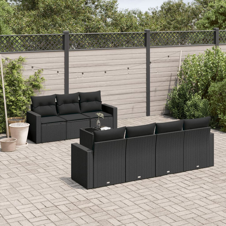 8-delige Loungeset met kussens poly rattan zwart