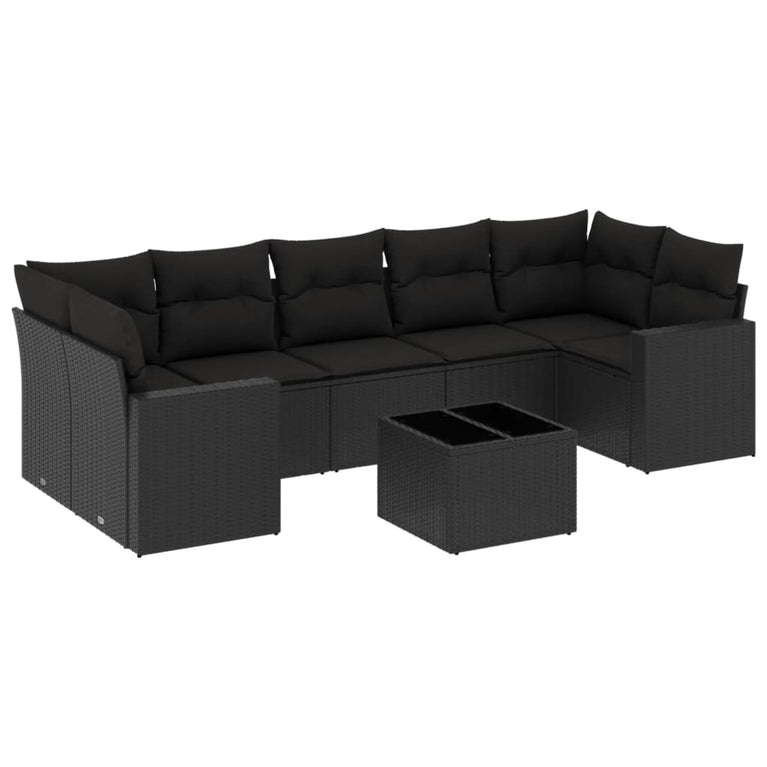 8-delige Loungeset met kussens poly rattan zwart