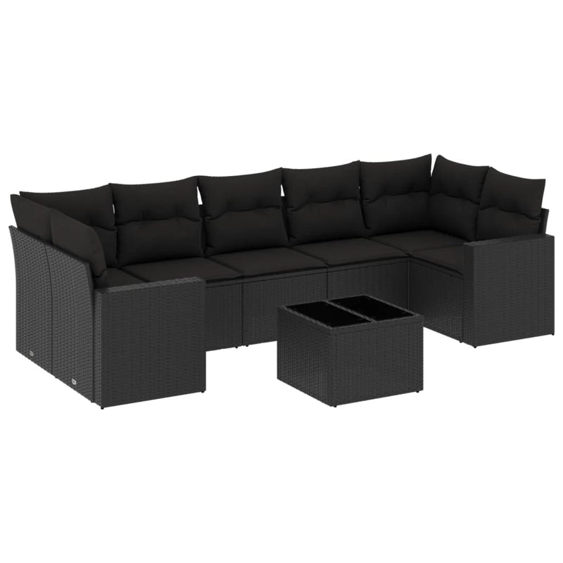 8-delige Loungeset met kussens poly rattan zwart