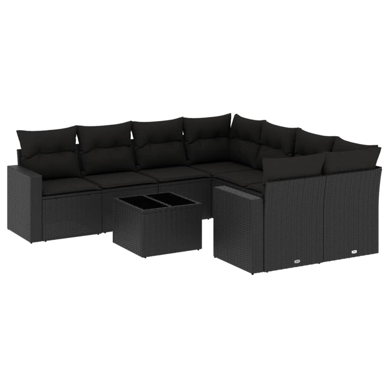 9-delige Loungeset met kussens poly rattan zwart