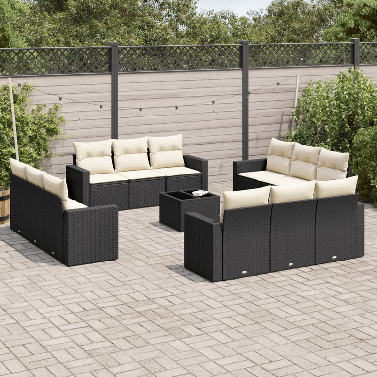 13-delige Loungeset met kussens poly rattan zwart