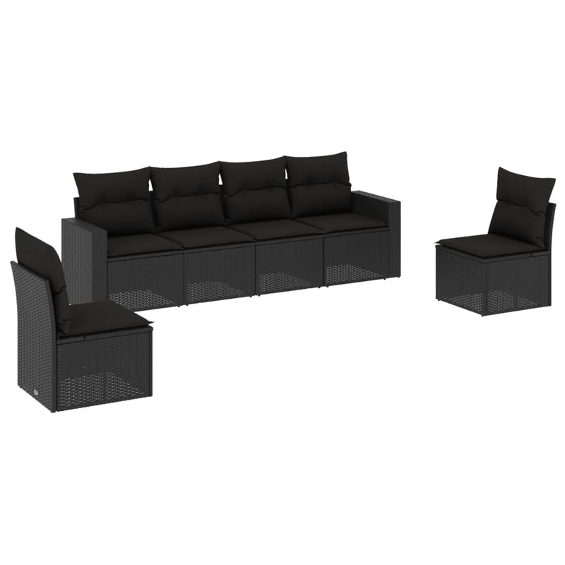 6-delige Loungeset met kussens poly rattan zwart
