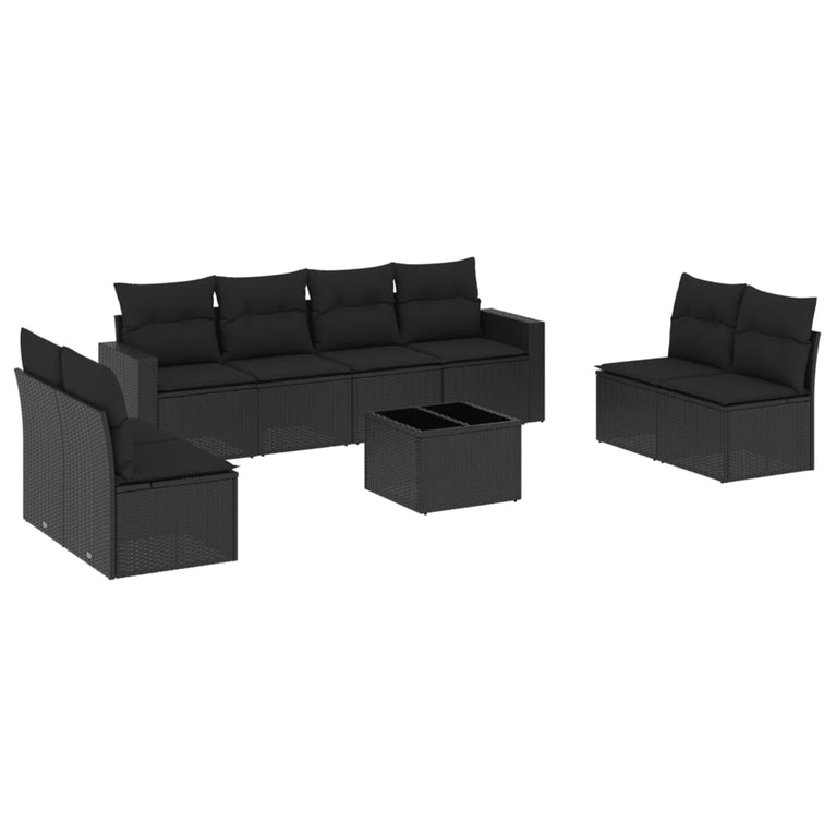 9-delige Loungeset met kussens poly rattan zwart