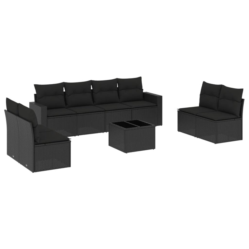 9-delige Loungeset met kussens poly rattan zwart