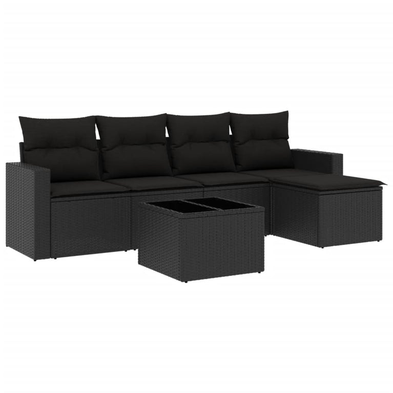 6-delige Loungeset met kussens poly rattan zwart
