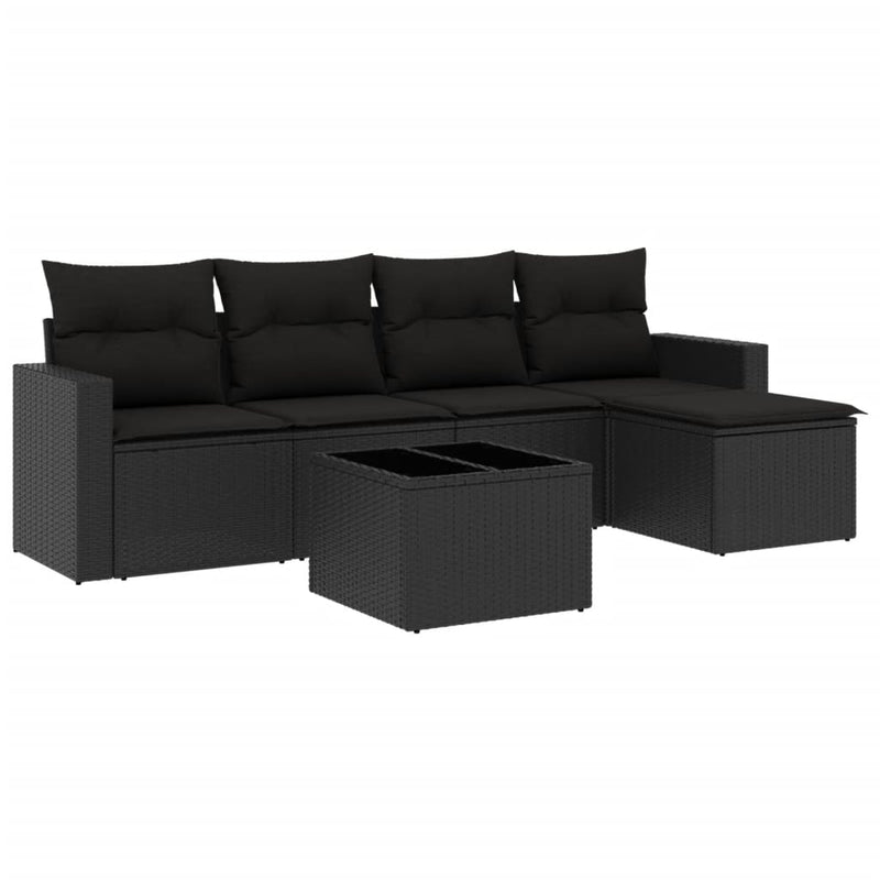 6-delige Loungeset met kussens poly rattan zwart