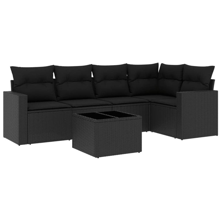 6-delige Loungeset met kussens poly rattan zwart