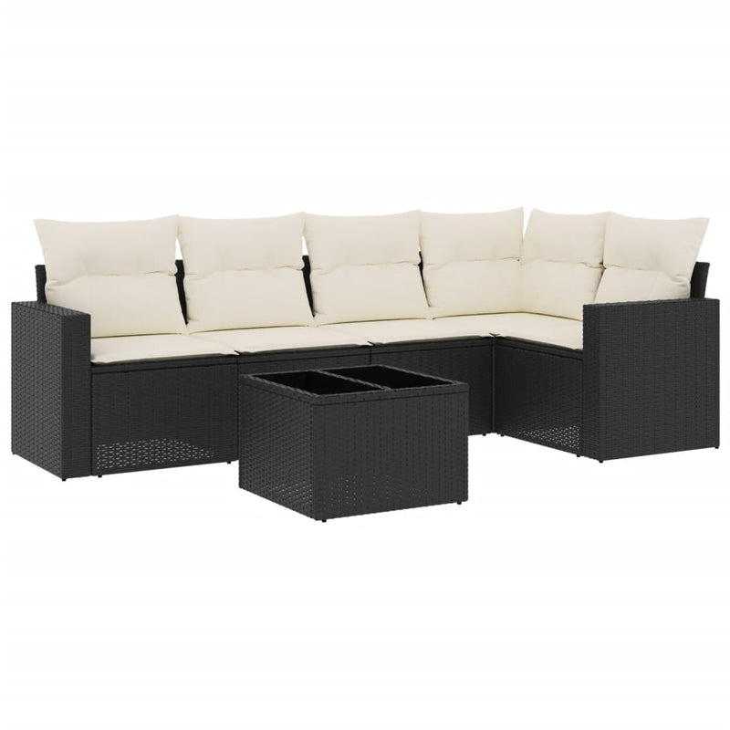 6-delige Loungeset met kussens poly rattan zwart