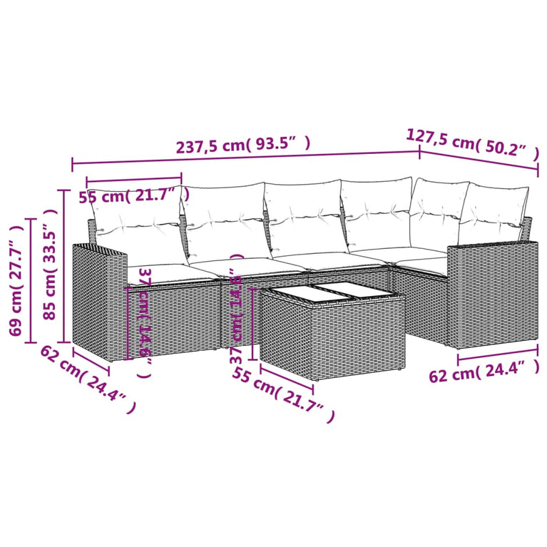 6-delige Loungeset met kussens poly rattan zwart