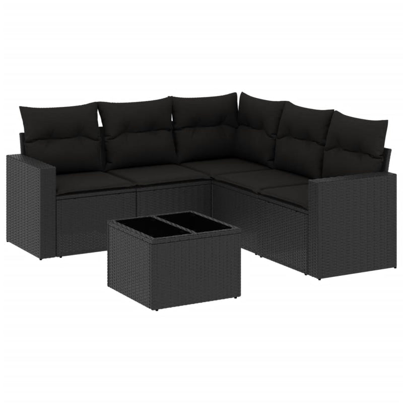 6-delige Loungeset met kussens poly rattan zwart