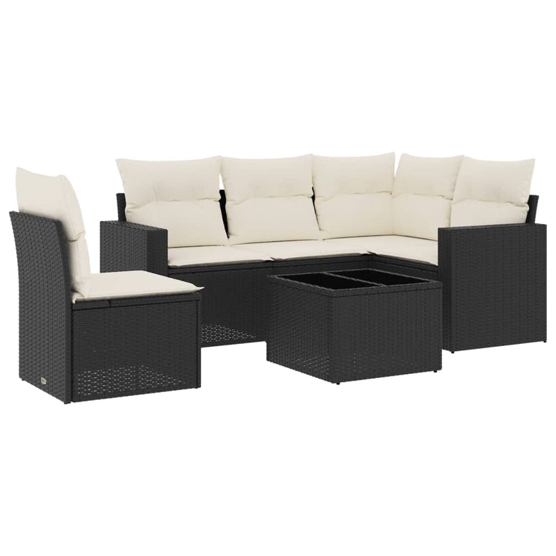 6-delige Loungeset met kussens poly rattan zwart