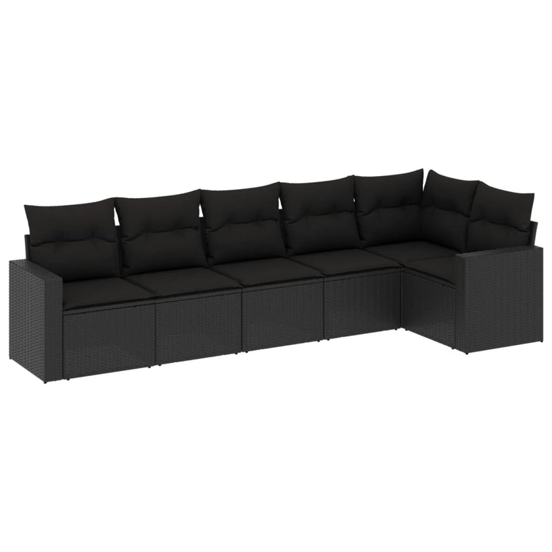 6-delige Loungeset met kussens poly rattan zwart