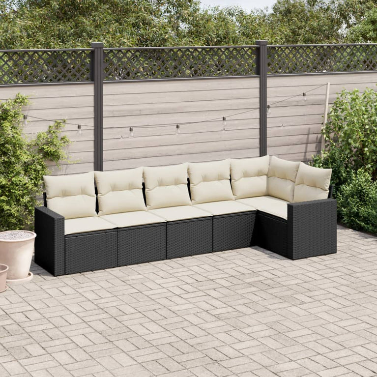 6-delige Loungeset met kussens poly rattan zwart