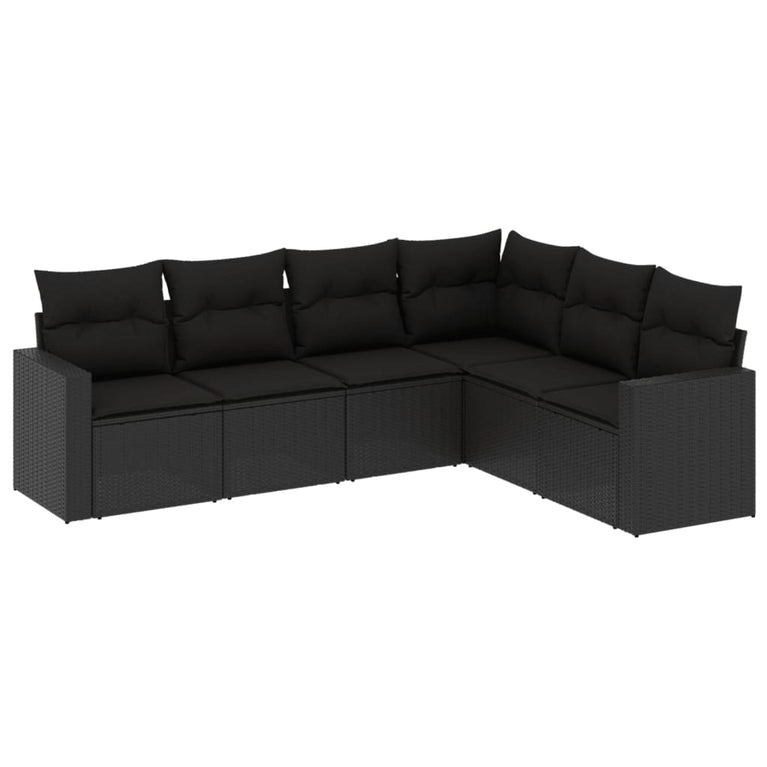 6-delige Loungeset met kussens poly rattan zwart
