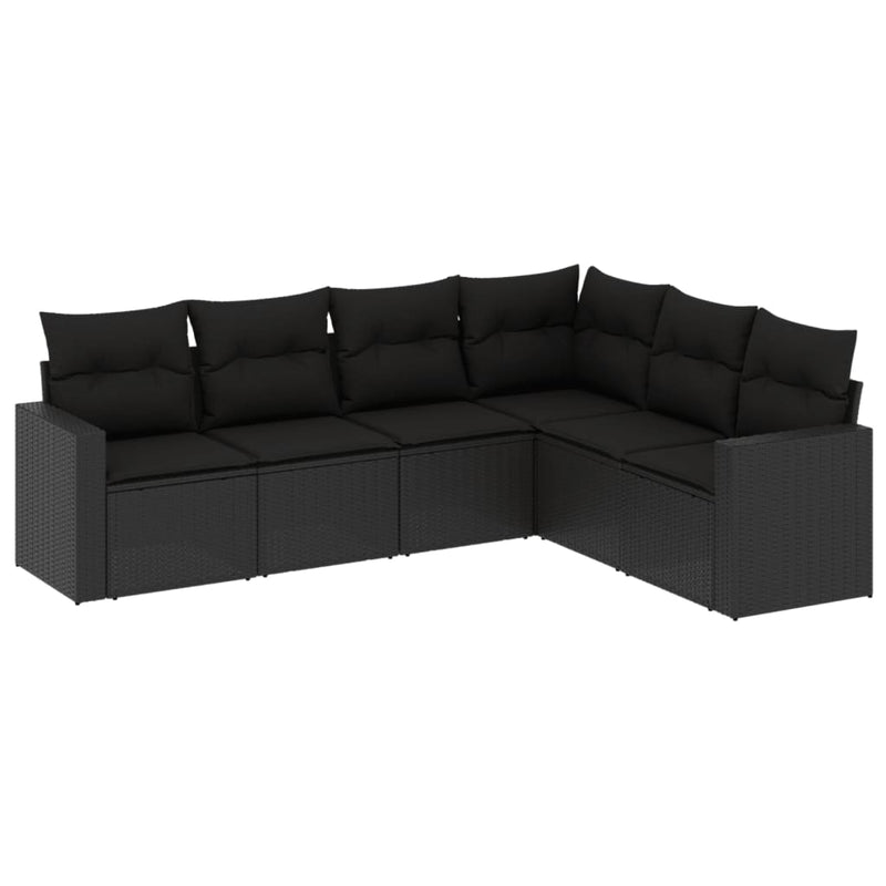 6-delige Loungeset met kussens poly rattan zwart